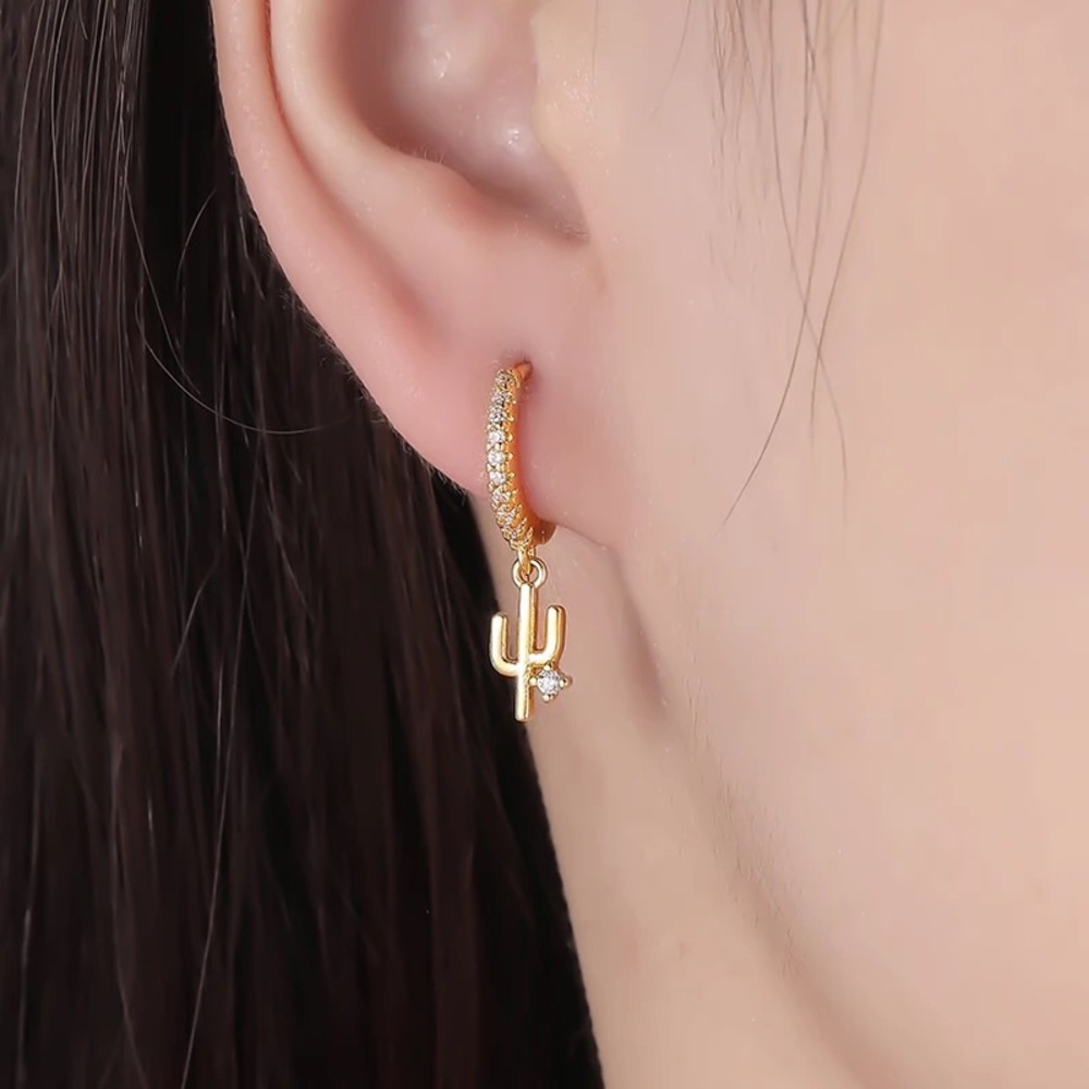 New 18K Gold Vermeil Sterling Silver 925 Cactus Hoops Earring set
